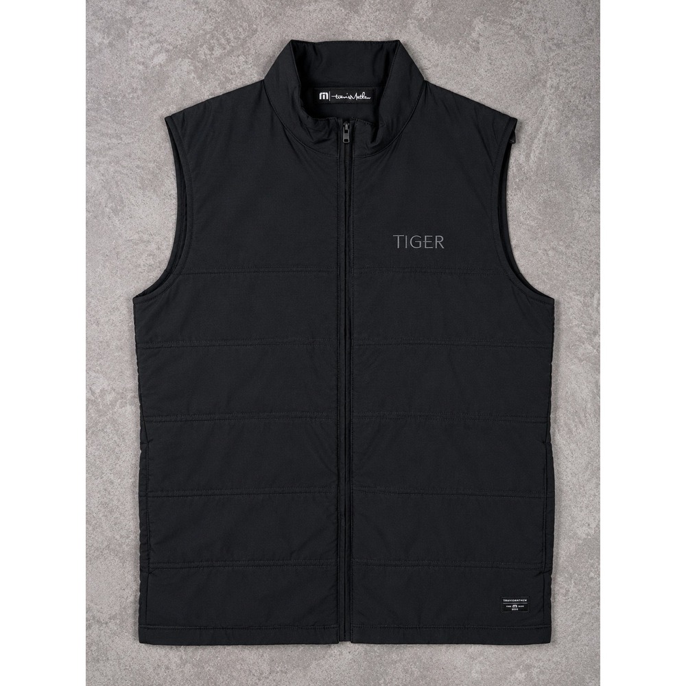 TravisMathew Vest Mens Medium Black Quilted Full Zip Custom Tiger Embroidered